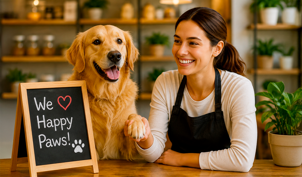 Vendor with a dog in a pet friendly business setting