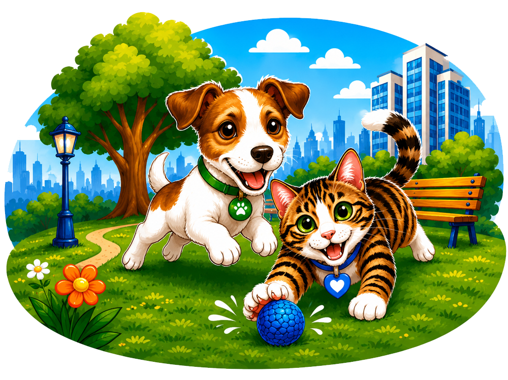 Dog and cat enjoying a pet friendly city park
